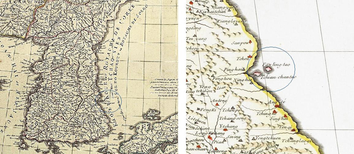 당빌이 제작한 ‘조선왕국지도’(왼쪽)와 ‘중국전도’(오른쪽)에는 독도의 옛이름, ‘우산도(于山島)’의 중국식 발음 ‘Tchian-chan-tao’으로 표기되어 있다. 