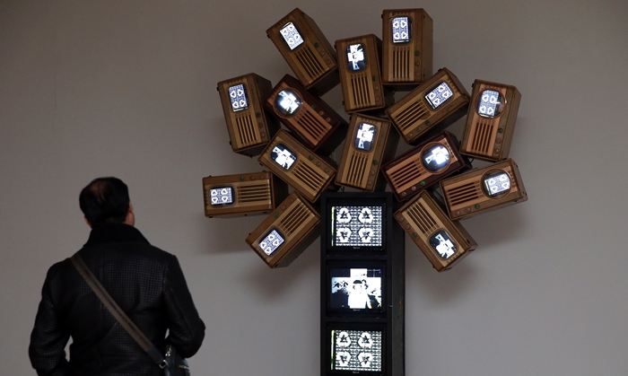 지난 8일 중국 베이징 진르미술관에서 개막된 ‘한국예술가 3인전’에서 한 관객이 백남준 작가의 ‘광합성Ⅱ(光合成Ⅱ, PhotosynthesisⅡ)를 감상하고 있다. 