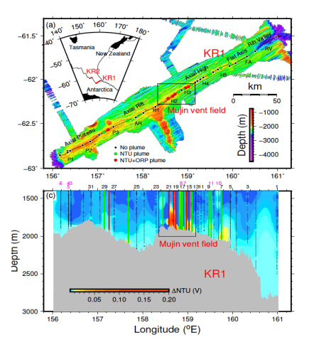무진(霧津) 열수 분출구 지역. 붉은 색에 가까울수록 열수 분출이 활발하게 일어나고 있다는 것을 나타낸다.
