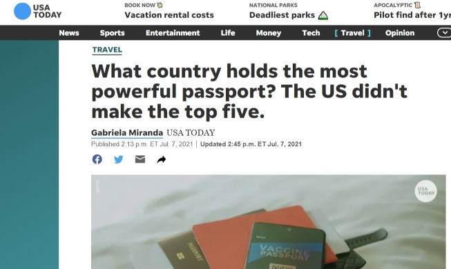 今日美国：韩国护照指数排名全球第三，可免签入境191国