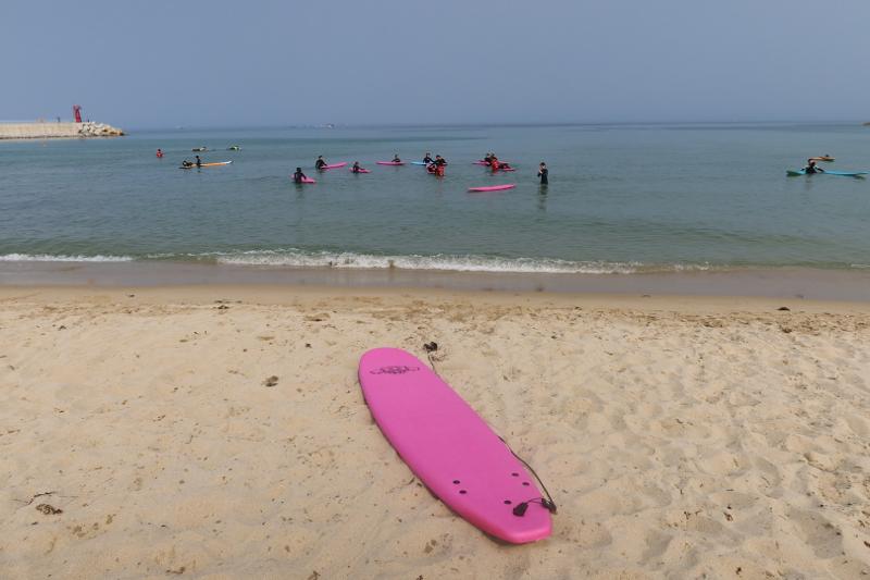 冲浪板因长度和形状而异，可分为短板、长板、枪版、软板、浮筏板等类型。根据冲浪人的实力、体型和目的不同，冲浪板也会有所不同。长板最稳定且浮力最好，如果是初学者，建议先用长板练习。韩宣网记者Anais Faure 摄