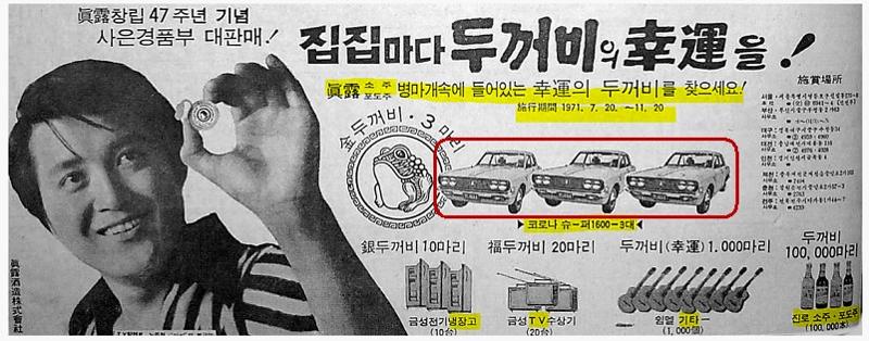 韩国稀释烧酒中历史最悠久的真露70年代报纸广告。图片来源：真露