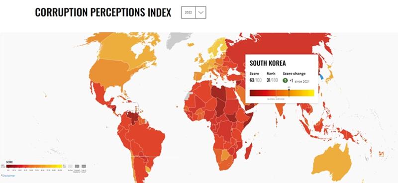 当地时间1月31日，国际透明组织（TI）发布了2022年全球清廉指数（Corruption Perceptions Index·CPI）榜单。地图根据颜色区分，颜色越浅清廉度排名就越高。图片来源：国际透明组织官网截图