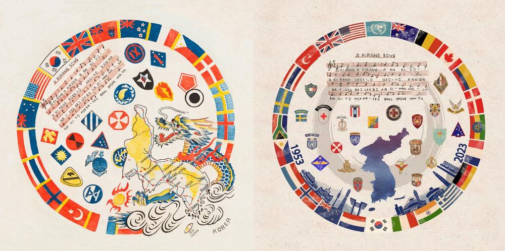 左图为1951年，在韩国战争时期联合国军人们所使用的阿里郎围巾。右图为今年重新恢复原貌的2023年版阿里郎围巾。图片来源：国家报勋处 