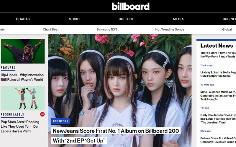 当地时间8月2日，公告牌公布的最新排行榜（7月30日至8月5日）显示，NewJeans凭借第二张迷你专辑《Get Up》登顶公告牌200强专辑榜。图片来源：公告牌官网截图