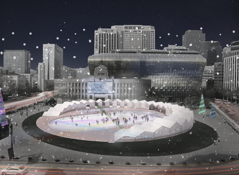 12月20日，首尔市表示，从22日至明年2月11日，将运营首尔广场滑冰场。图为位于首尔中区的首尔广场滑冰场鸟瞰图。图片来源：首尔市