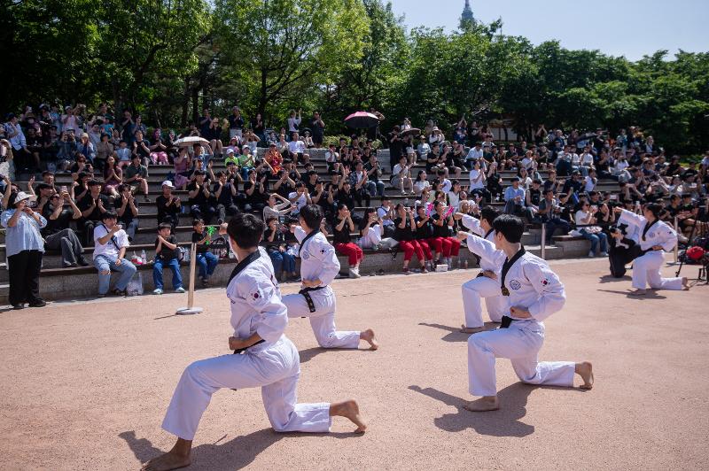 图为5月19日，在首尔中区南山谷韩屋村，韩国国技院跆拳道示范团正在进行示范演出。图片来源：国技院