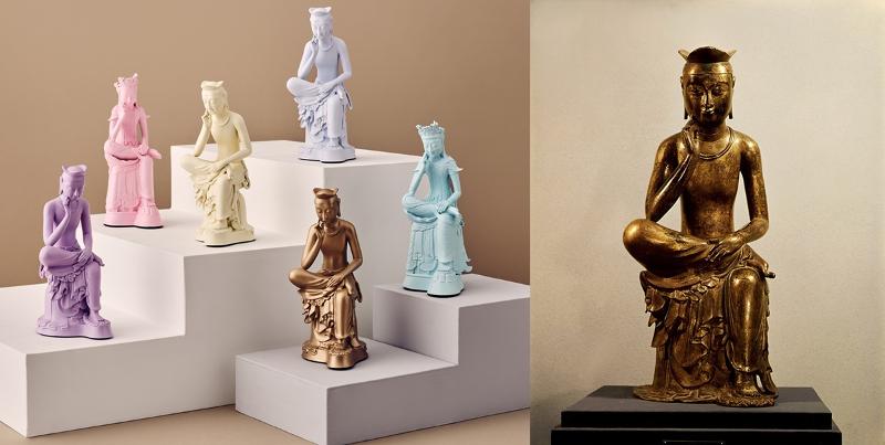 半跏思惟像迷你模型（左）和6世纪后半期制作的半跏思惟像（右）。图片来源：国立博物馆文化财团、国家遗产厅