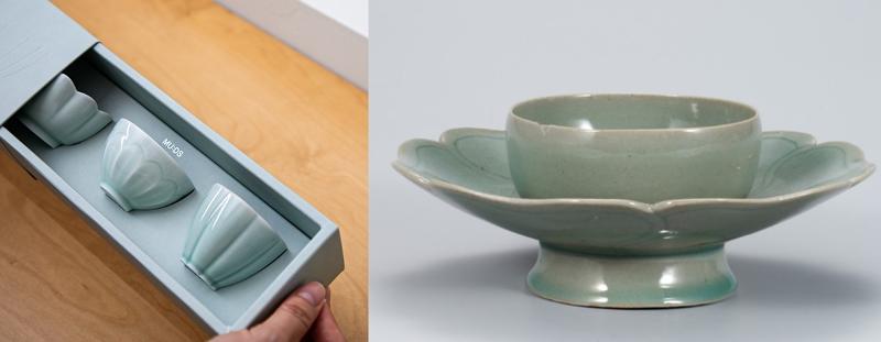 青瓷杯套装（左）和高丽青瓷杯实物（右）。图片来源：国立博物馆文化财团、国立中央博物馆
