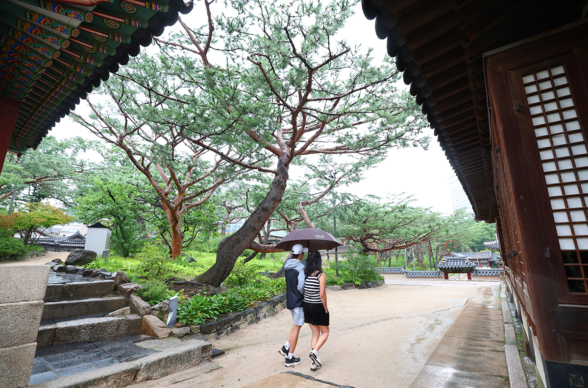 7月16日，在首尔中区德寿宫，两位行人撑伞走在雨中。