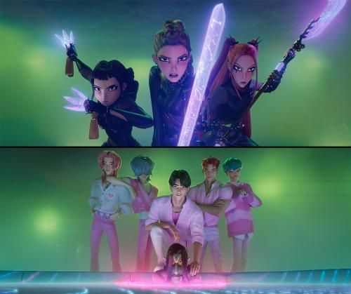 奈飞（Netflix）动画片《K-POP：猎魔女团》中的虚拟K-POP组合“HUNTR/X”与“沙加男孩”将于8月21日在首尔蚕室室内体育馆同台亮相，角逐“2025 K-World Dream Awards”最佳OST奖。图片来源：索尼影业动画Facebook
