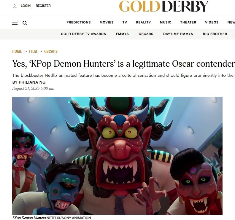 美国流行文化奖项预测媒体GoldDerby21日发表题为“《K-POP：猎魔女团》是实至名归的奥斯卡候选”的文章，预测该片将成为“美国最高权威的奥斯卡（金像奖）热门候选”。图片来源：GoldDerby官网截图