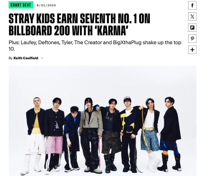 K-Pop组合Stray Kids凭借正规专辑《KARMA》登顶200强专辑榜，创下7张专辑接连登顶该榜纪录。图片来源：公告牌官网截图