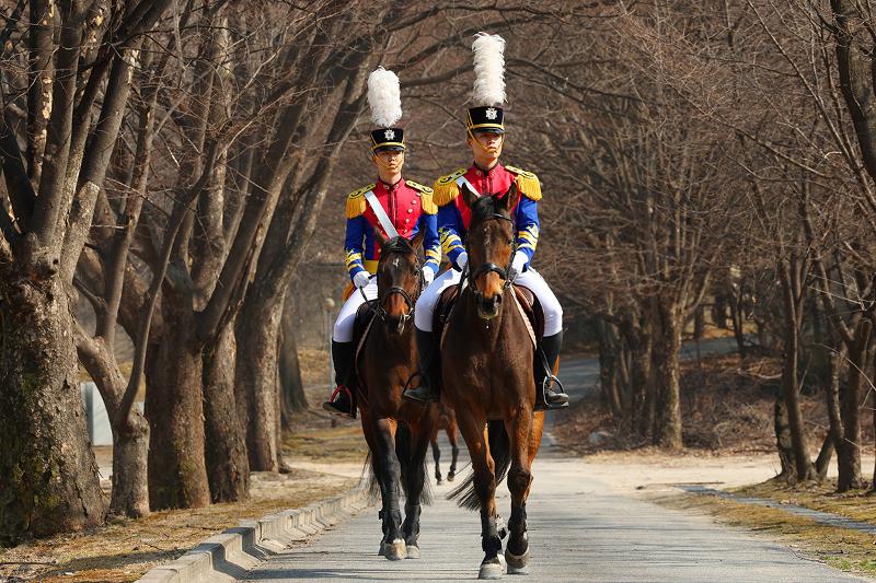 并肩行进于校园中的许竣释（四年级，左）与张元赫（三年级）士官生。军马队不以力量取胜，而以克制的动作展现精锐军官的风范。他们稳健从容的姿态与均衡有序的节奏，沉稳传递出陆军士官学校所追求的信任价值。