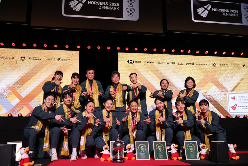 当地时间5月3日，在丹麦霍森斯举行的尤伯杯世界女子羽毛球团体锦标赛上，韩国队击败中国队夺得冠军。图片来源：韩联社