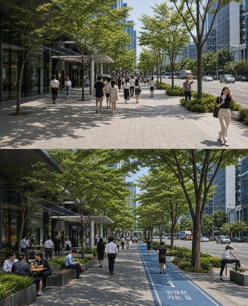 首尔九老区、加山数码园区一带的现状（上）及&ldquo;阴凉步行权&rdquo;试点项目实施后的预期效果（下）。图片来源：首尔特别市
